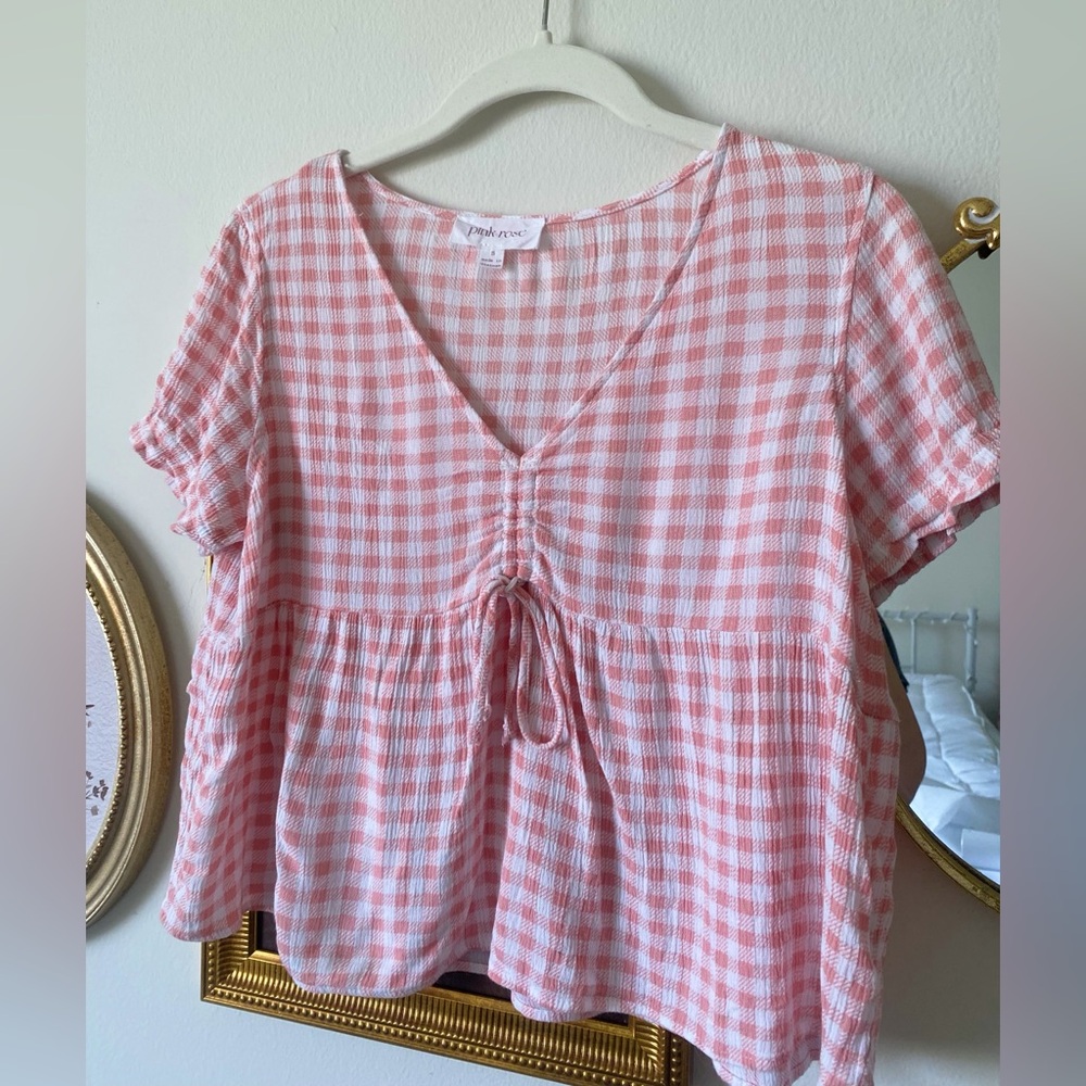 Pink Rose Pink and White Tie Front Blouse